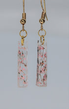 Load image into Gallery viewer, Pink Rectangle Pressed Flower Earrings, Pink Dangle Stick dried flower earrings, botanical jewelry, confetti earrings