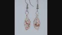 Load and play video in Gallery viewer, Pink Polygon Pressed Flower Earrings, dried flower earrings, botanical jewelry, confetti earrings, terrarium earrings
