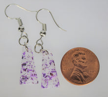 Load image into Gallery viewer, Purple Triangle Pressed Flower Earrings, dried flower earrings, botanical jewelry, confetti earrings, terrarium earrings
