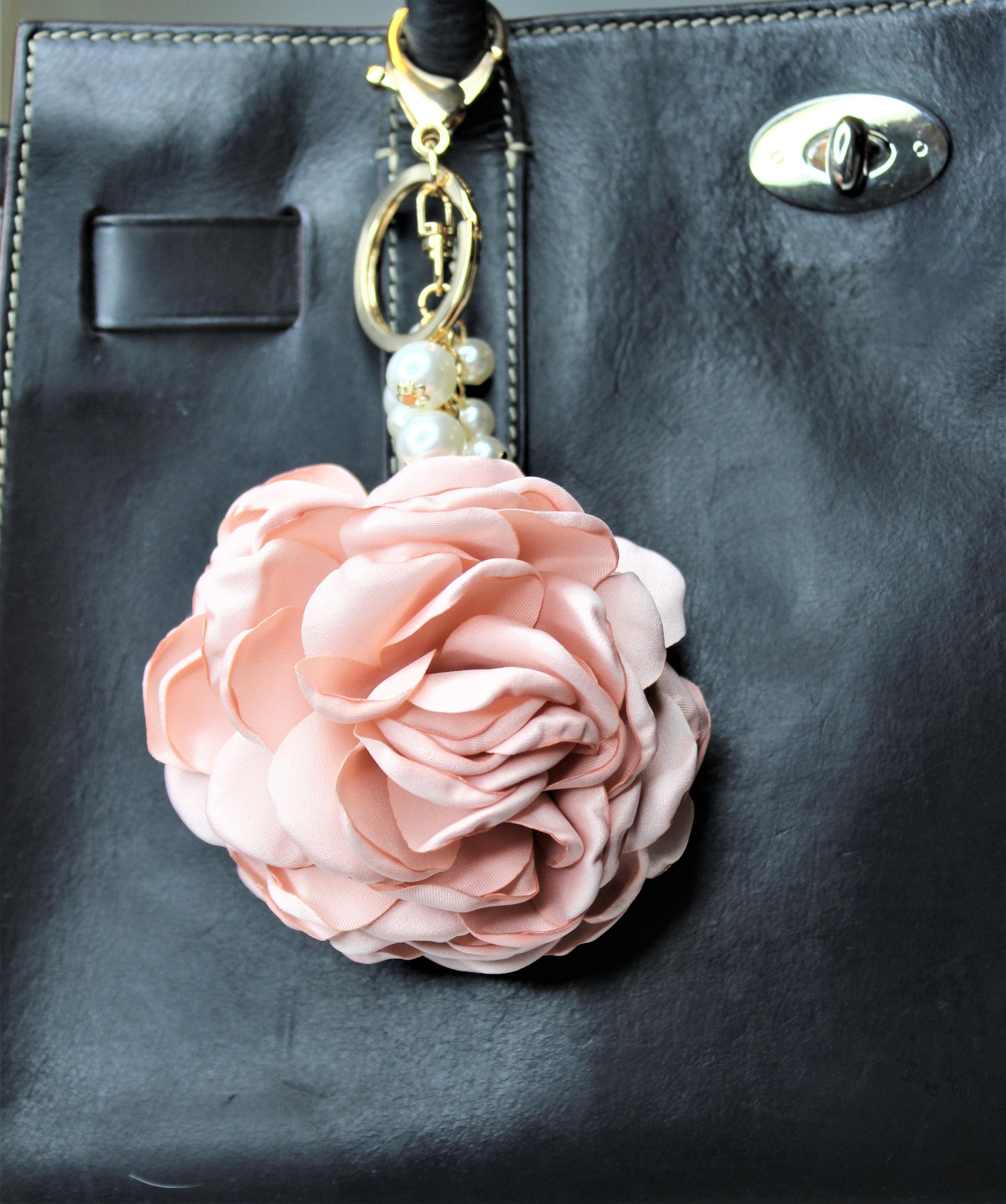 Pink Flower Bag Charm Keychain Key Fob Pearl Bling Charm Keyring